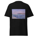 Unisex t-shirt featuring Claude Monet 'The Cliffs at Pourvill' artwork, shown in Black, front view, sizes S–5XL