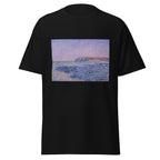 Unisex t-shirt featuring Claude Monet 'The Cliffs at Pourvill' artwork, shown in Black, front view, sizes S–5XL