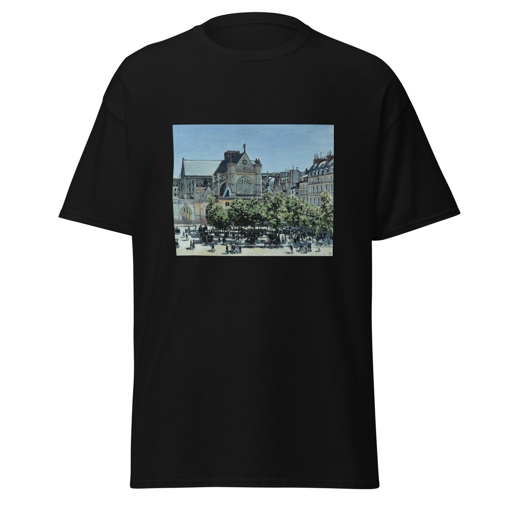 Unisex t-shirt featuring Claude Monet 'St. Germain l’Auxerrois' artwork, shown in Black, front view, sizes S–5XL