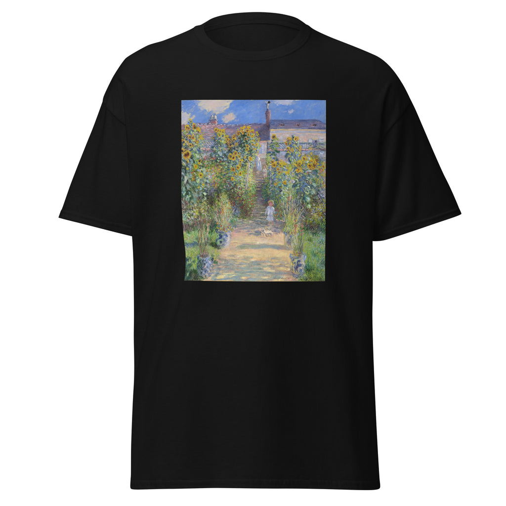 Unisex t-shirt featuring Claude Monet 'The Artist’s Garden at Vétheuil' artwork, shown in Black, front view, sizes S–5XL