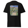 Unisex t-shirt featuring Claude Monet 'The Artist’s Garden at Vétheuil' artwork, shown in Black, front view, sizes S–5XL