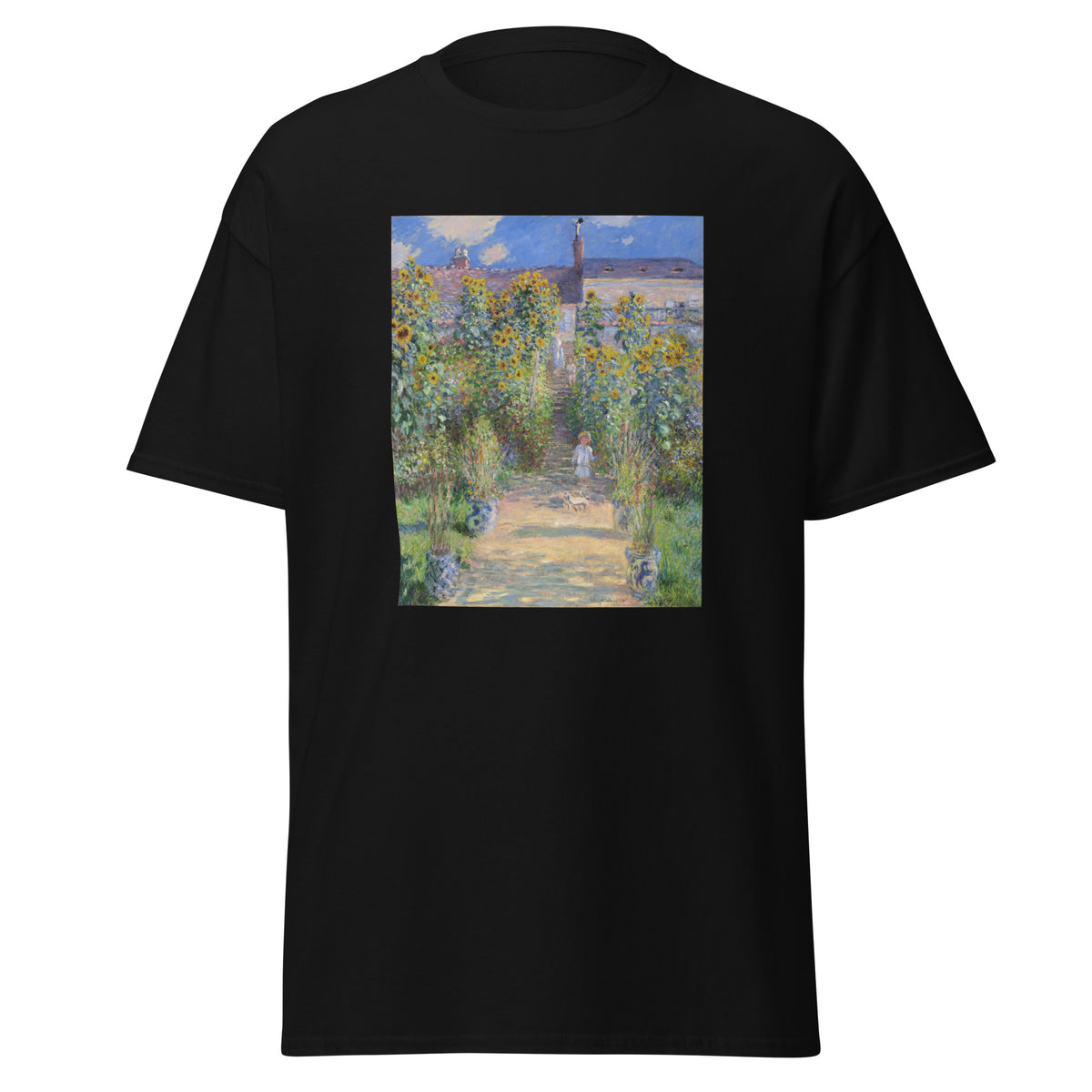 Unisex t-shirt featuring Claude Monet 'The Artist’s Garden at Vétheuil' artwork, shown in Black, front view, sizes S–5XL