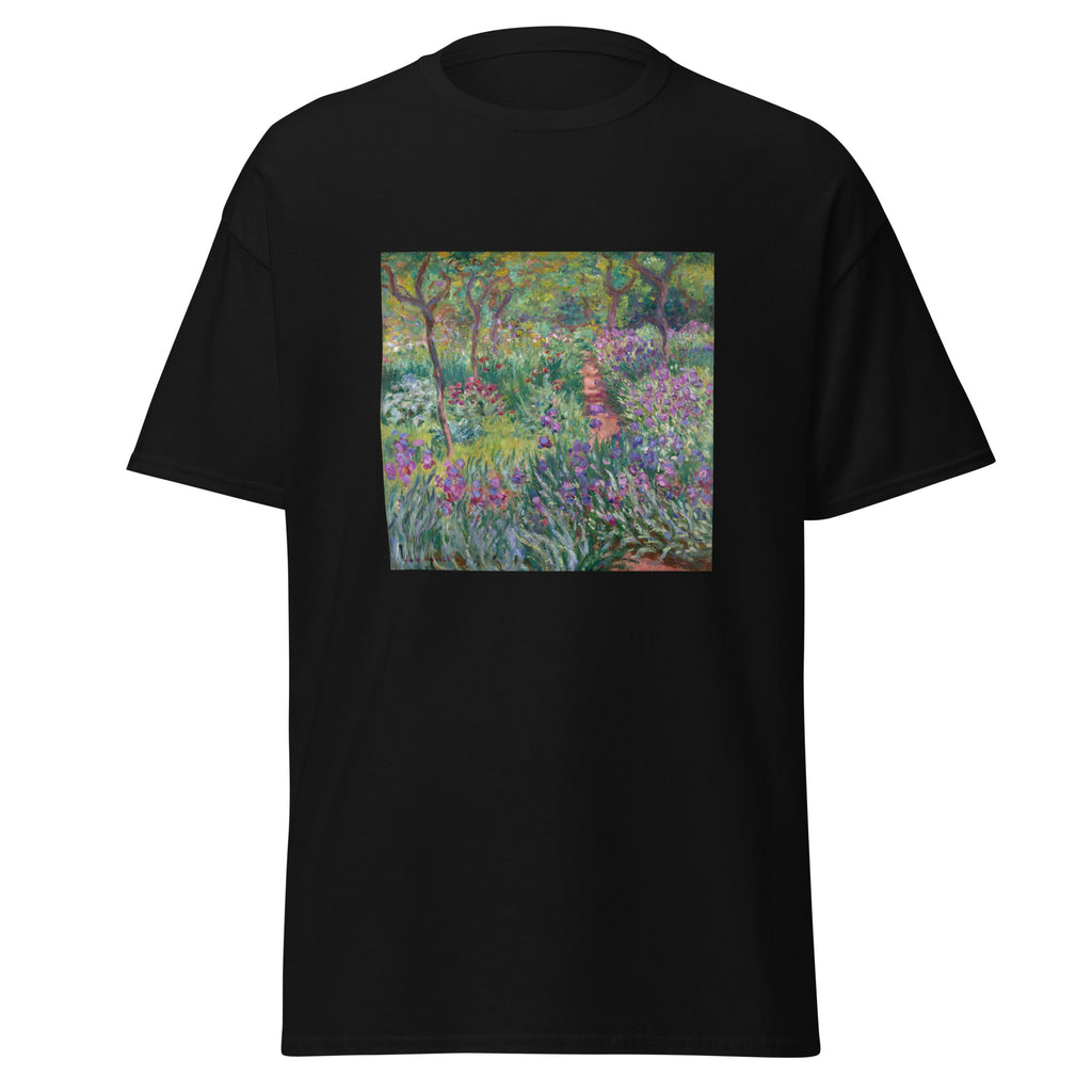 Unisex t-shirt featuring Claude Monet 'The Artist’s Garden in Giverny' artwork, shown in Black, front view, sizes S–5XL