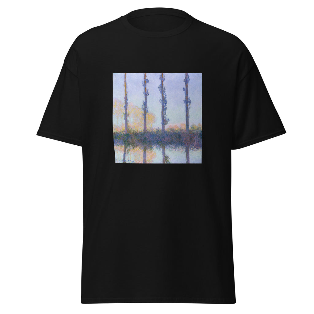 Unisex t-shirt featuring Claude Monet 'The Four Trees' artwork, shown in Black, front view, sizes S–5XL