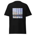 Unisex t-shirt featuring Claude Monet 'The Four Trees' artwork, shown in Black, front view, sizes S–5XL