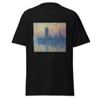 Unisex t-shirt featuring Claude Monet 'Houses of Parliament, Sunset' artwork, shown in Black, front view, sizes S–5XL