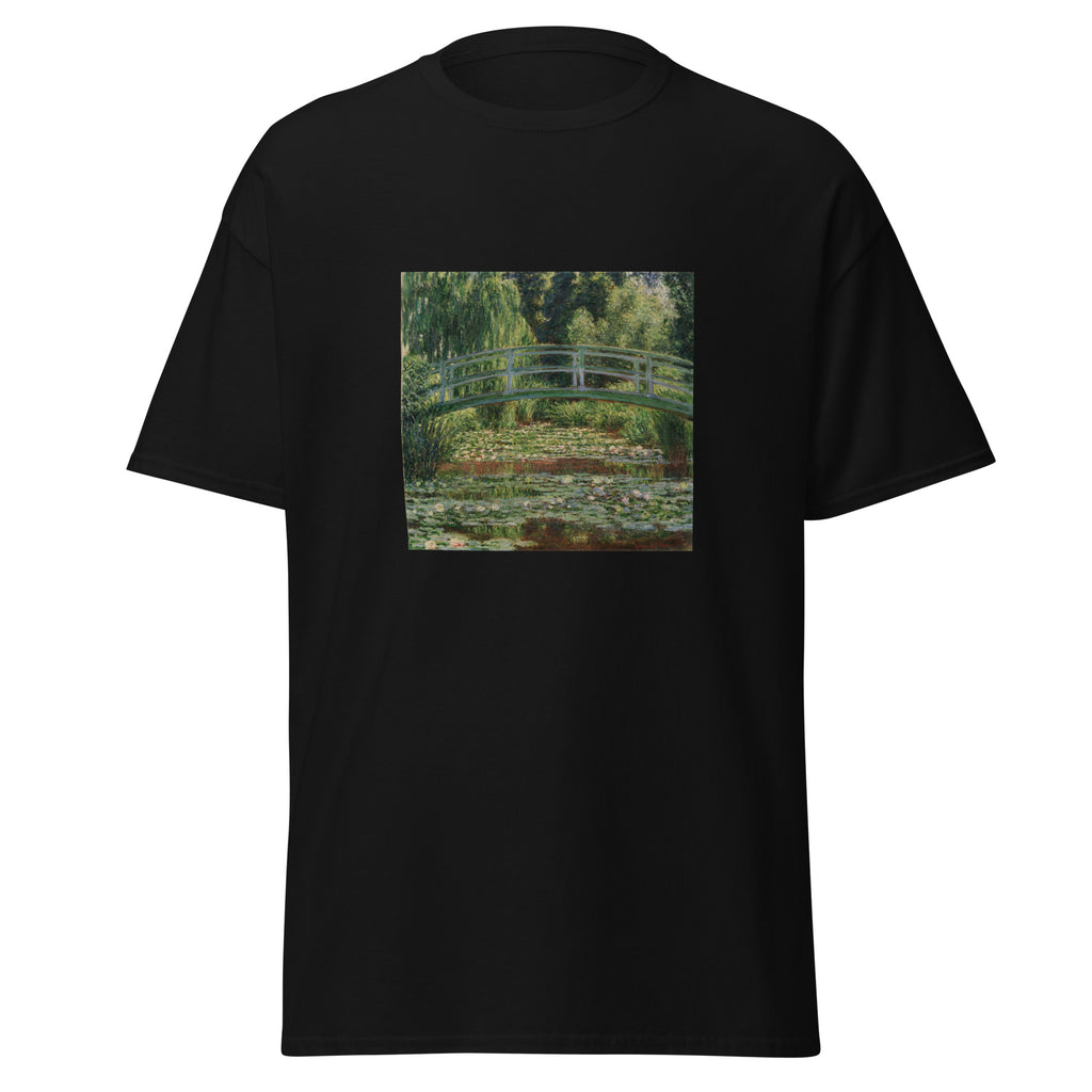 Unisex t-shirt featuring Claude Monet 'Japanese Footbridge Giverny' artwork, shown in Black, front view, sizes S–5XL