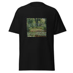 Unisex t-shirt featuring Claude Monet 'Japanese Footbridge Giverny' artwork, shown in Black, front view, sizes S–5XL