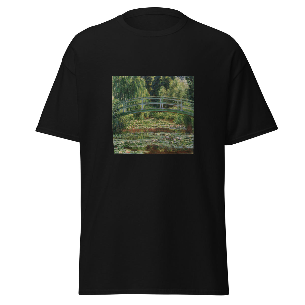Unisex t-shirt featuring Claude Monet 'Japanese Footbridge Giverny' artwork, shown in Black, front view, sizes S–5XL