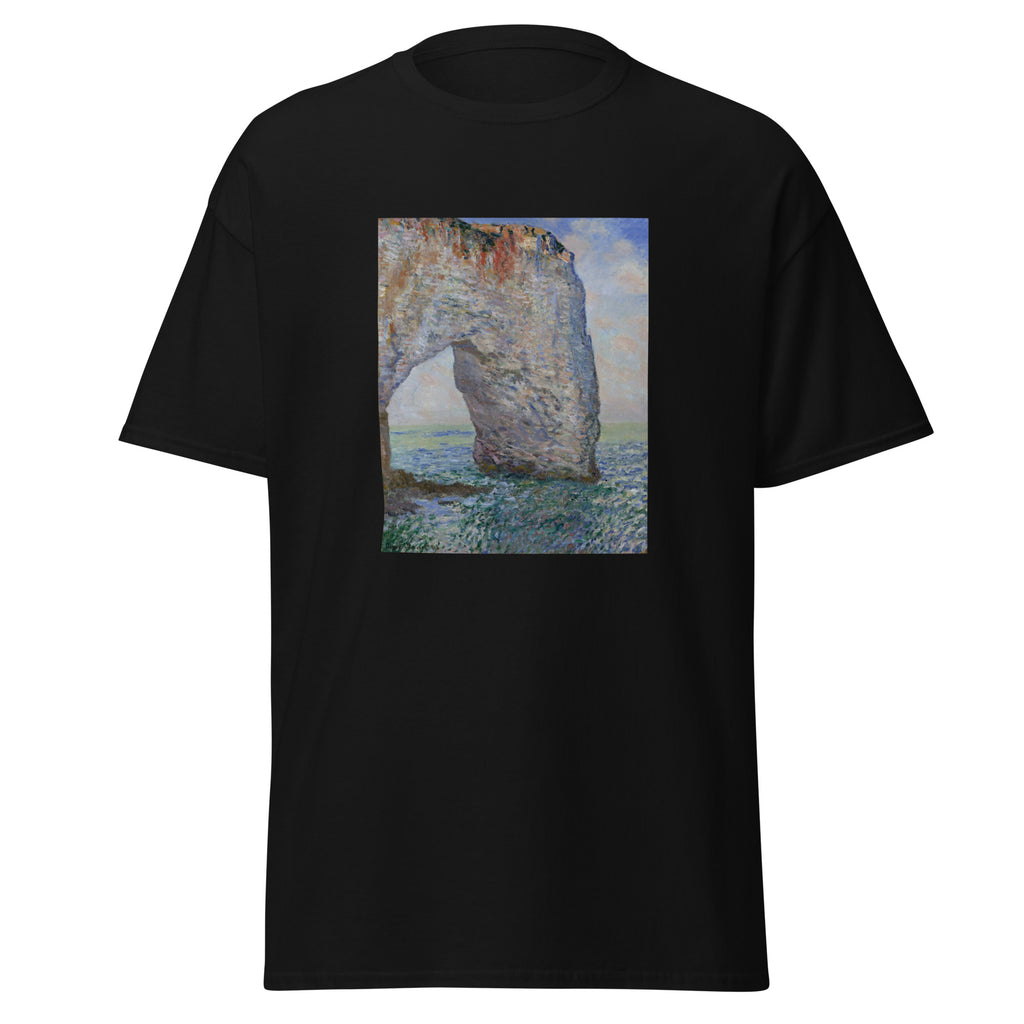 Unisex t-shirt featuring Claude Monet 'The Manneporte near Étretat' artwork, shown in Black, front view, sizes S–5XL