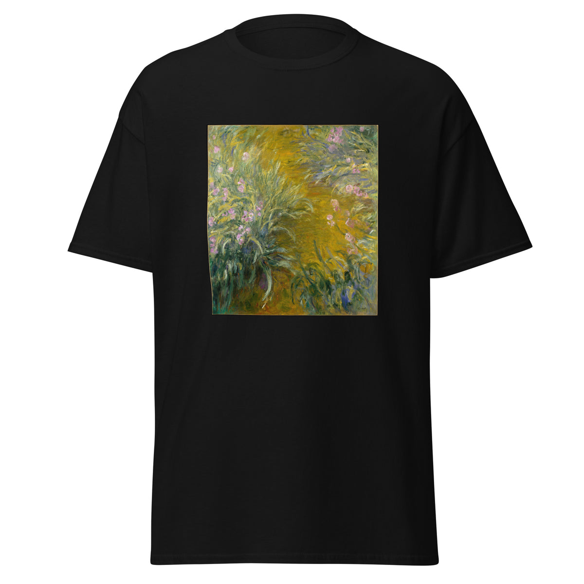 Unisex t-shirt featuring Claude Monet 'Path through the Irises' artwork, shown in Black, front view, sizes S–5XL