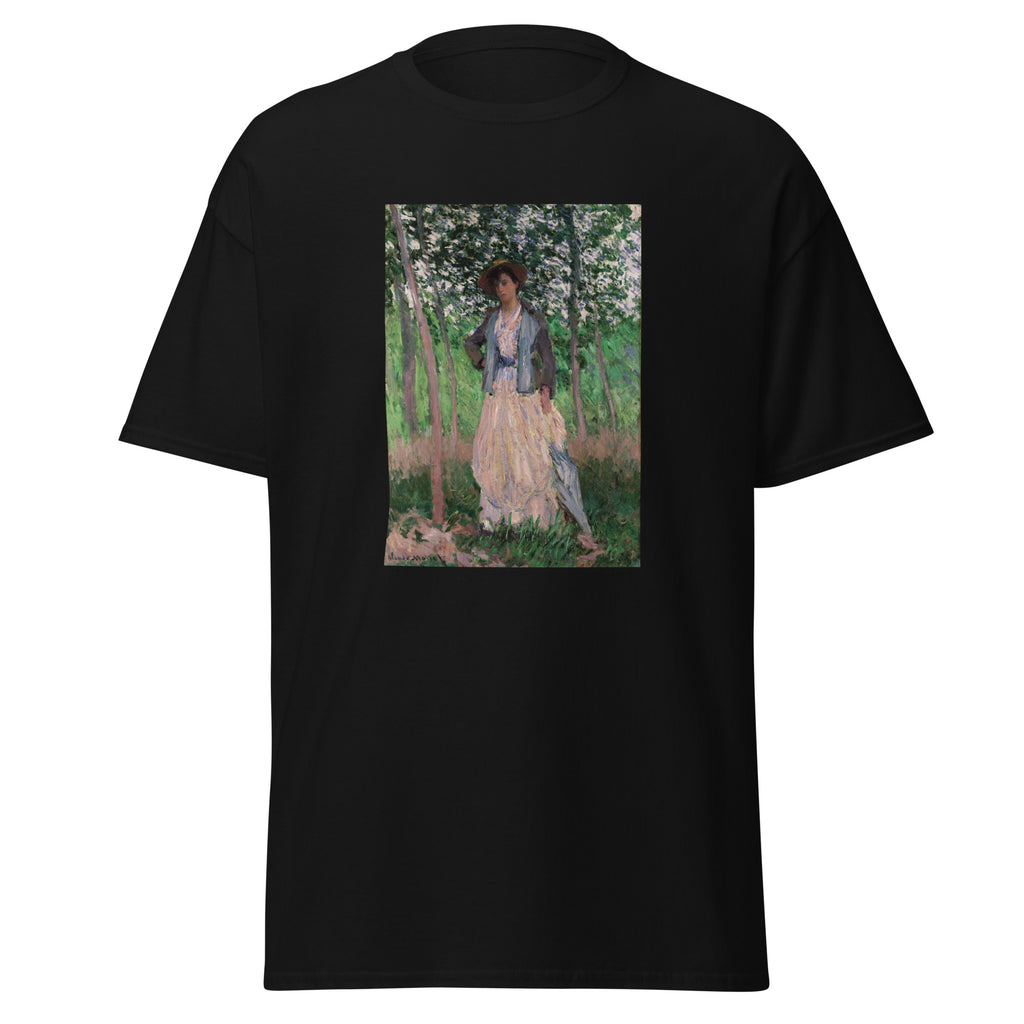 Unisex t-shirt featuring Claude Monet 'The Stroller' artwork, shown in Black, front view, sizes S–5XL