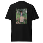 Unisex t-shirt featuring Claude Monet 'The Stroller' artwork, shown in Black, front view, sizes S–5XL