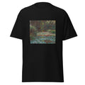 Unisex t-shirt featuring Claude Monet 'Water Lily Pond' artwork, shown in Black, front view, sizes S–5XL