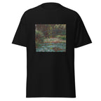 Unisex t-shirt featuring Claude Monet 'Water Lily Pond' artwork, shown in Black, front view, sizes S–5XL
