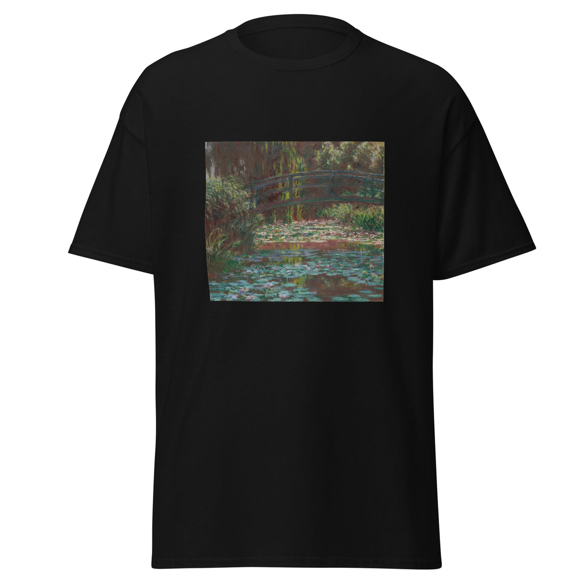 Unisex t-shirt featuring Claude Monet 'Water Lily Pond' artwork, shown in Black, front view, sizes S–5XL