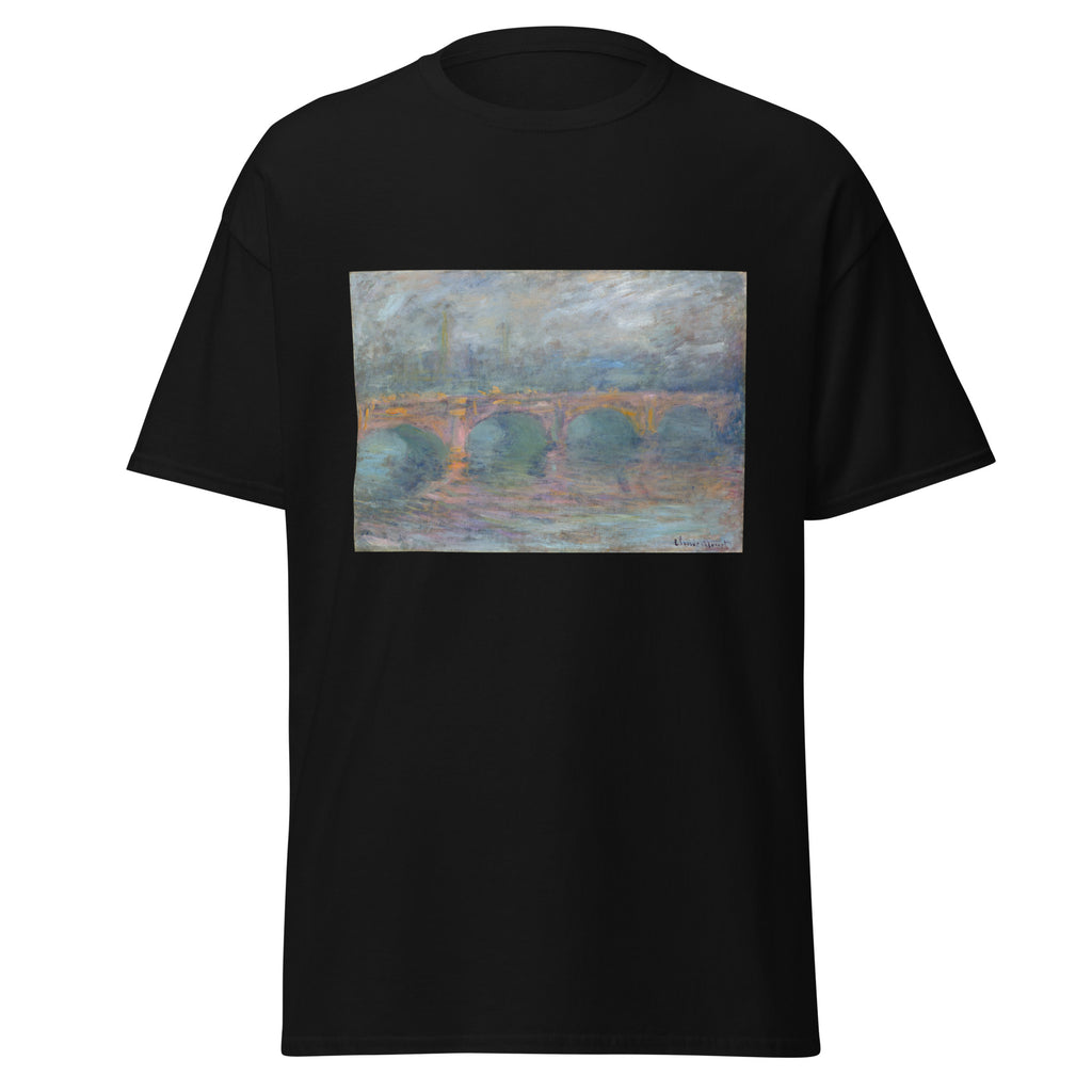 Unisex t-shirt featuring Claude Monet 'Waterloo Bridge at Sunset' artwork, shown in Black, front view, sizes S–5XL