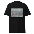 Unisex t-shirt featuring Claude Monet 'Waterloo Bridge at Sunset' artwork, shown in Black, front view, sizes S–5XL