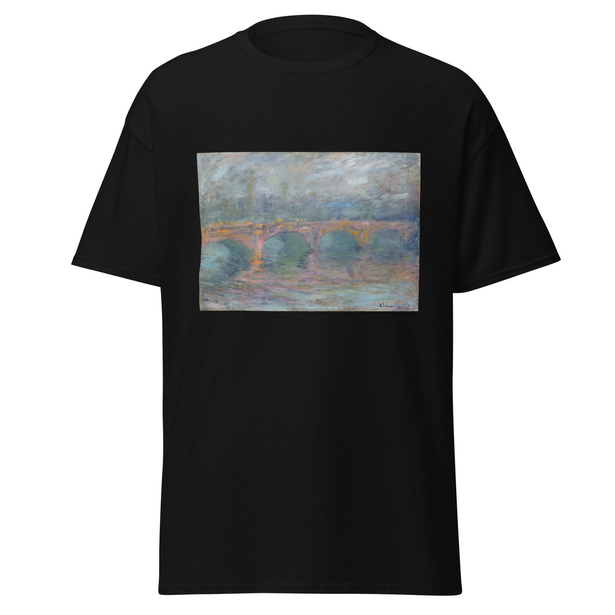 Unisex t-shirt featuring Claude Monet 'Waterloo Bridge at Sunset' artwork, shown in Black, front view, sizes S–5XL
