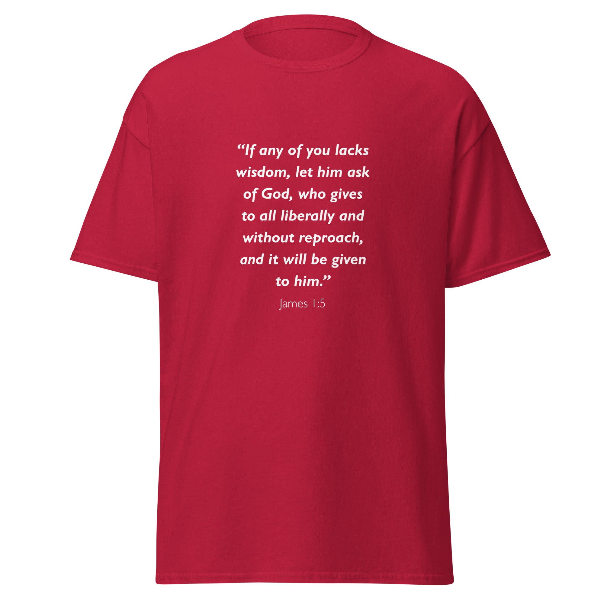 Unisex forest green t-shirt with James 1:5 Bible verse printed in white text on front