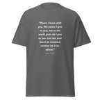 Unisex white t-shirt with John 14:27 Bible verse printed in white text on front