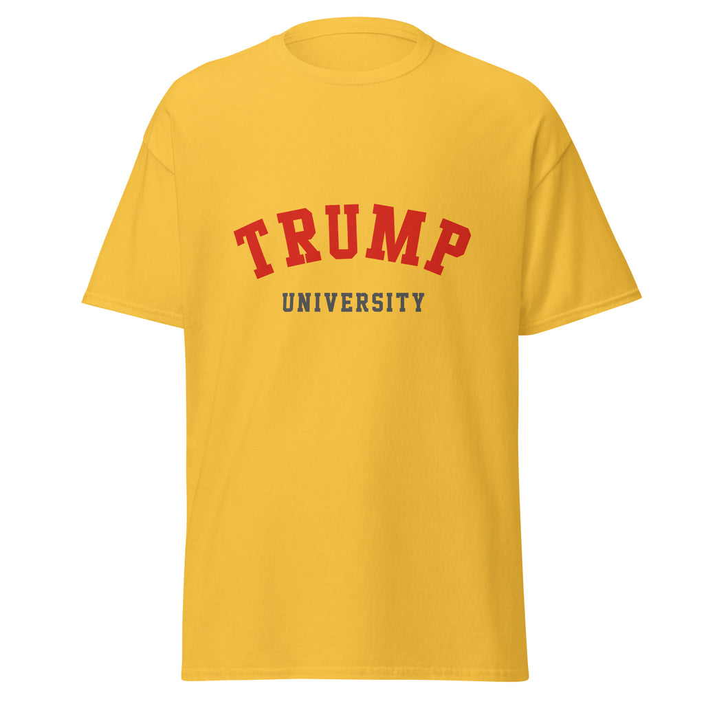 Unisex heather gray t-shirt featuring Trump University logo printed across the front chest
