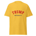 Unisex heather gray t-shirt featuring Trump University logo printed across the front chest