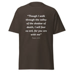 Unisex heather gray t-shirt with Psalm 23:4 Bible verse printed in white text on front