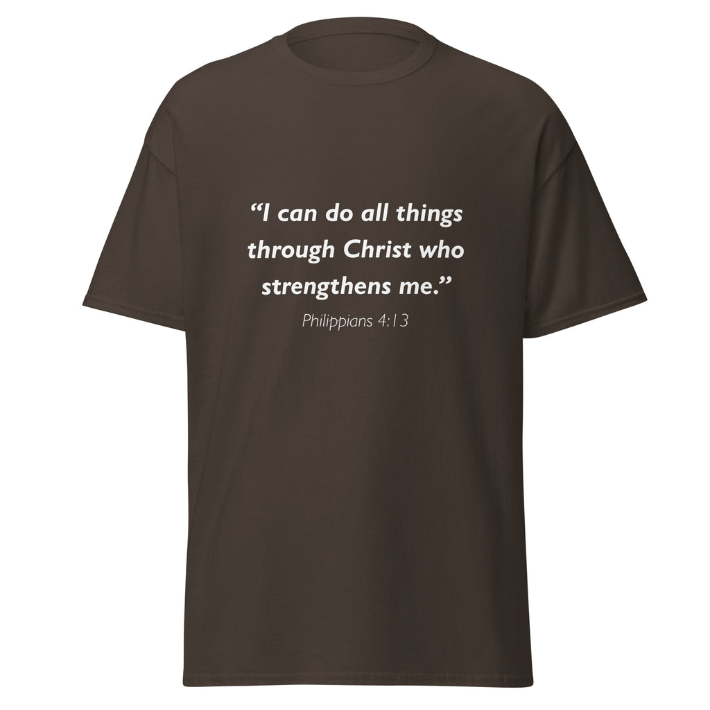 Unisex heather gray t-shirt with Philippians 4:13 Bible verse printed in white text on front