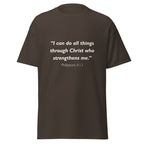 Unisex heather gray t-shirt with Philippians 4:13 Bible verse printed in white text on front