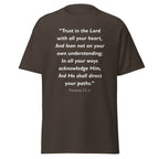 Unisex heather gray t-shirt with Proverbs 3:5-6 Bible verse printed in white text on front