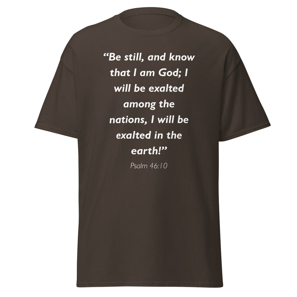 Unisex heather gray t-shirt with Psalm 46:10 Bible verse printed in white text on front
