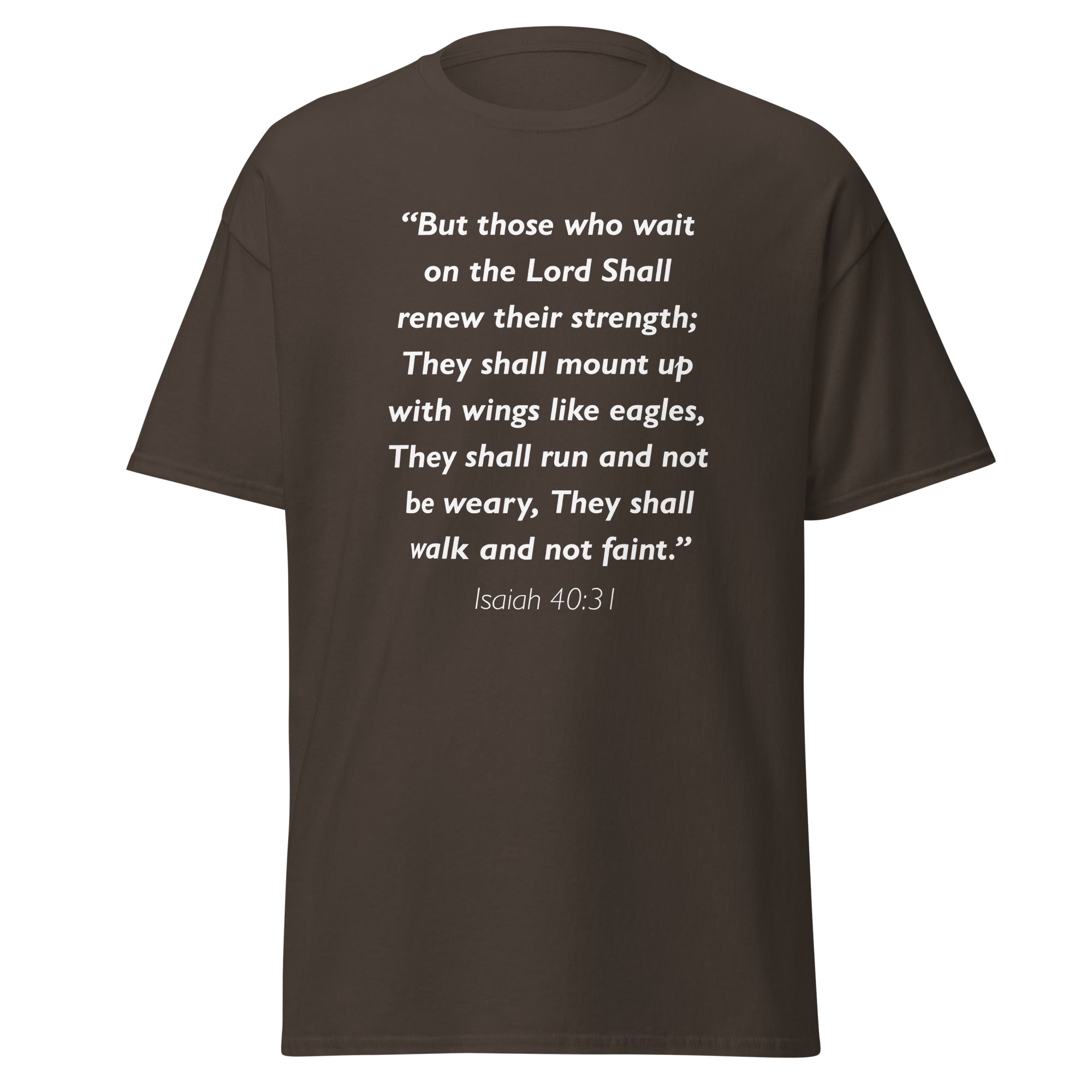 Unisex heather gray t-shirt with Isaiah 40:31 Bible verse printed in white text on front