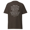 Unisex heather gray t-shirt with Joshua 1:9 Bible verse printed in black text on front