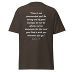 Unisex heather gray t-shirt with Joshua 1:9 Bible verse printed in black text on front