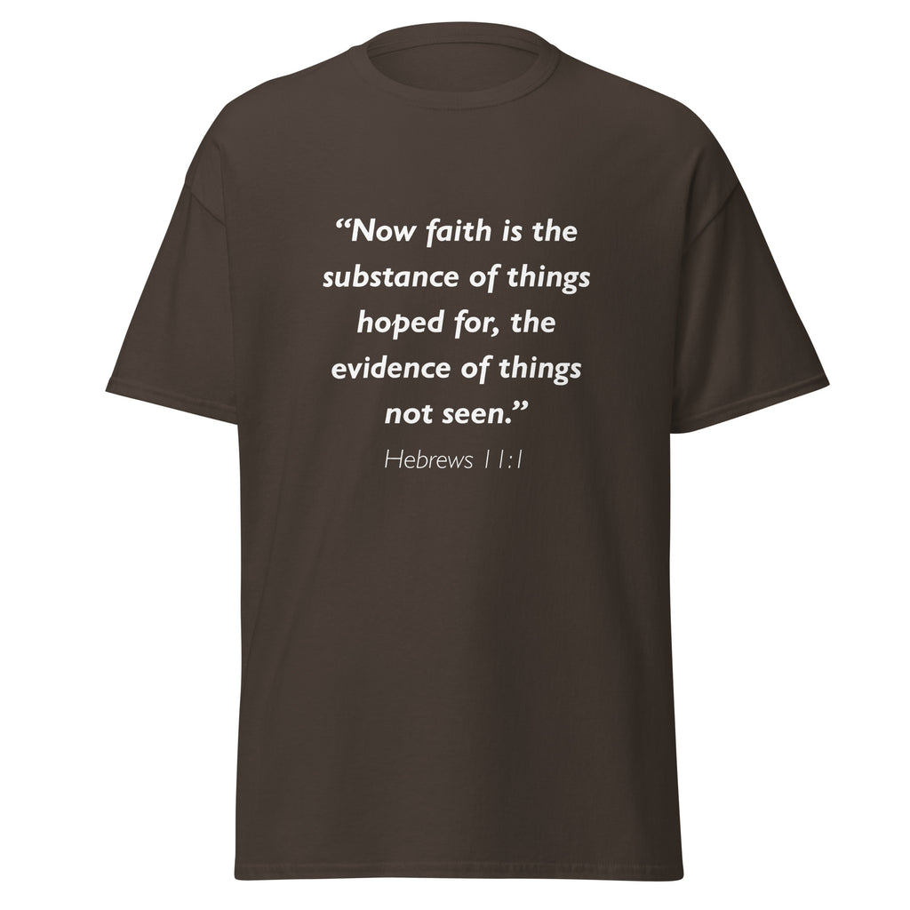 Unisex heather gray t-shirt with Hebrews 11:1 Bible verse printed in white text on front