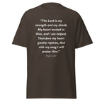 Unisex heather gray t-shirt with Psalm 28:7 Bible verse printed in white text on front