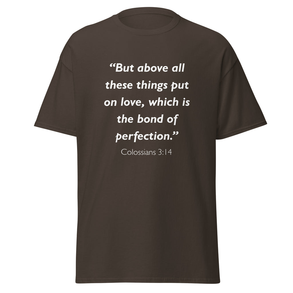 Unisex navy blue t-shirt with Colossians 3:14 Bible verse printed in white text on front