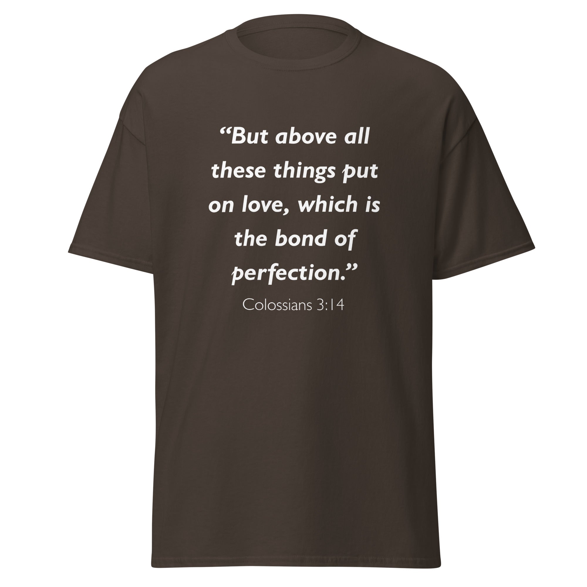 Unisex navy blue t-shirt with Colossians 3:14 Bible verse printed in white text on front