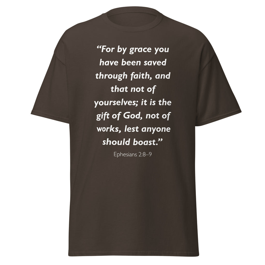 Unisex navy blue t-shirt with Ephesians 2:8-9 Bible verse printed in white text on front