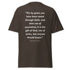 Unisex navy blue t-shirt with Ephesians 2:8-9 Bible verse printed in white text on front
