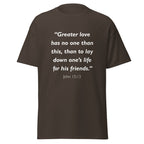 Unisex heather gray t-shirt with John 15:13 Bible verse printed in white text on front