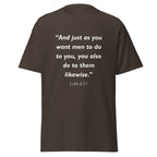 Unisex navy blue t-shirt with Luke 6:31 Bible verse printed in white text on front