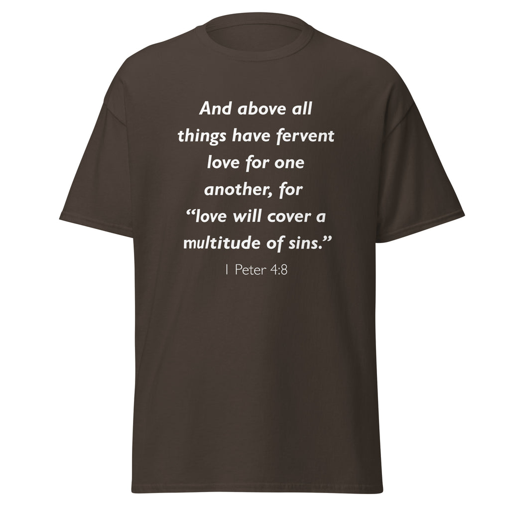Unisex navy blue t-shirt with 1 Peter 4:8 Bible verse printed in white text on front