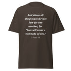 Unisex navy blue t-shirt with 1 Peter 4:8 Bible verse printed in white text on front