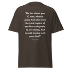 Unisex navy blue t-shirt with Micah 6:8 Bible verse printed in white text on front