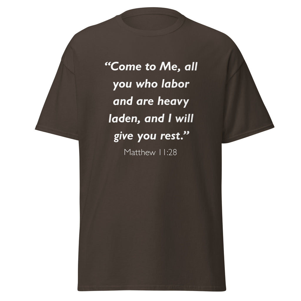 Unisex navy blue t-shirt with Matthew 11:28 Bible verse printed in white text on front