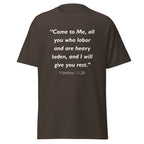 Unisex navy blue t-shirt with Matthew 11:28 Bible verse printed in white text on front