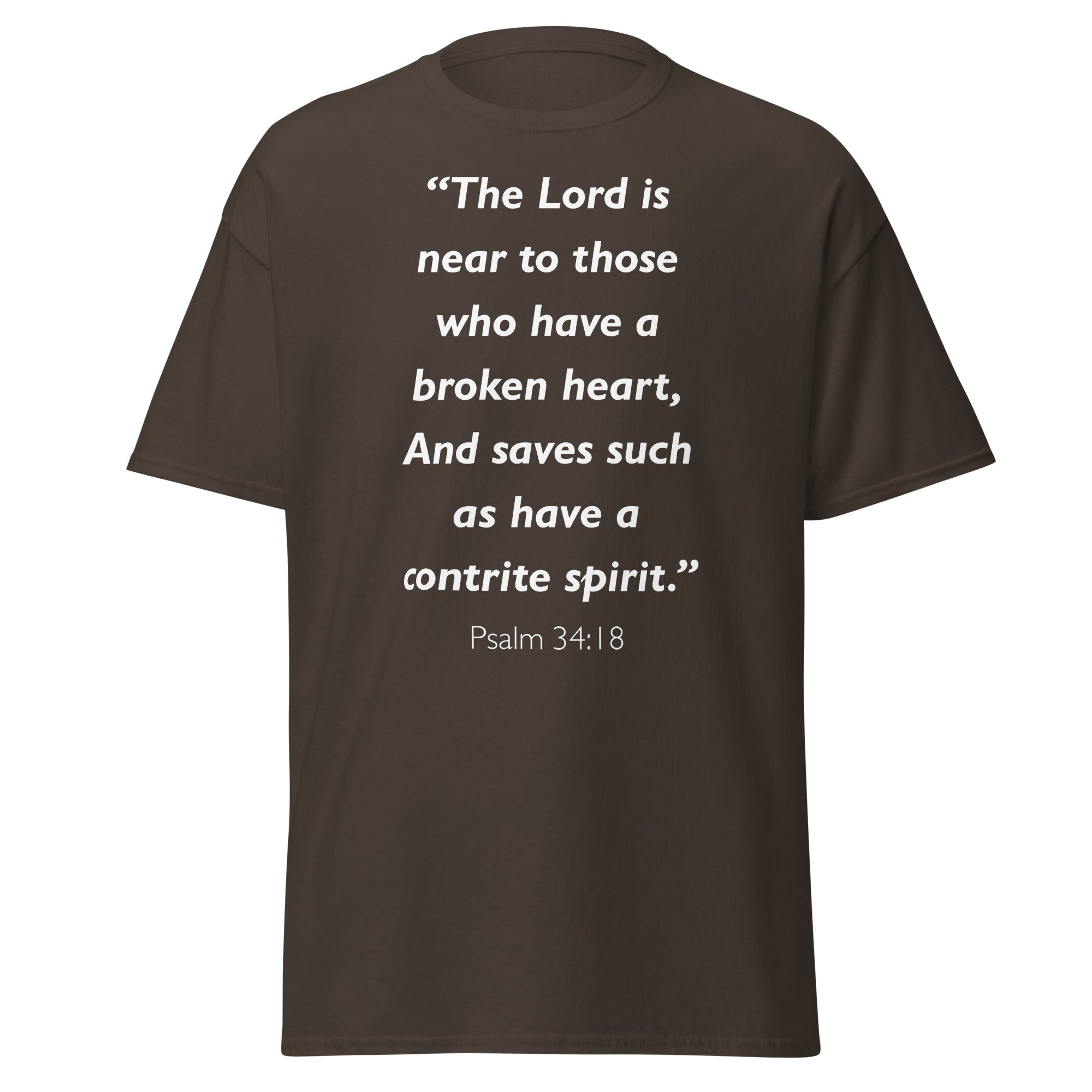 Unisex navy blue t-shirt with Psalm 34:18 Bible verse printed in white text on front