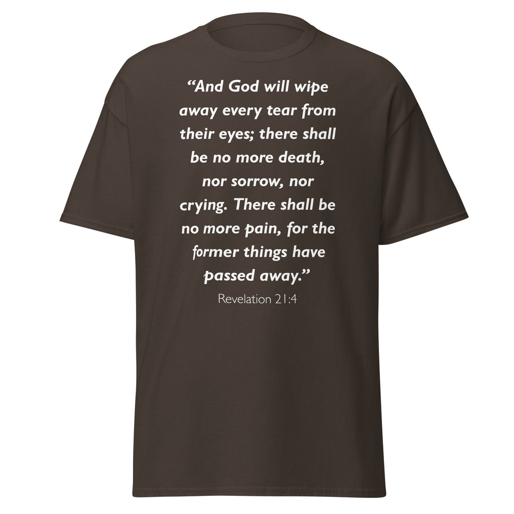 Unisex black t-shirt with Revelation 21:4 Bible verse printed in white text on front